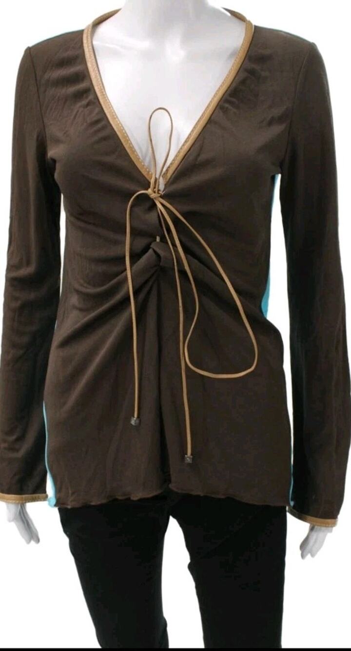 Vintage FENDI 365 Brown Long Sleeve Top IT 46 Calf Leather Trim Silver Hardware